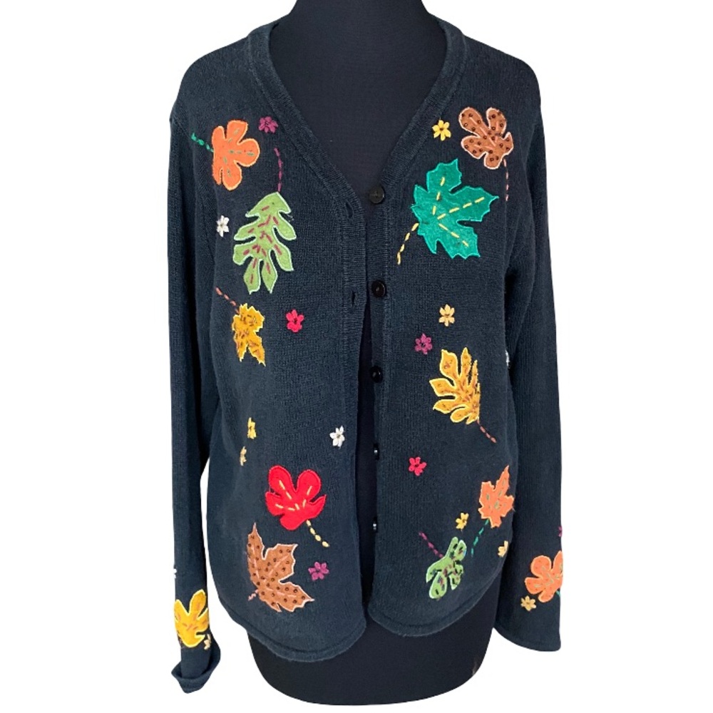 Vintage Cove Creek cotton and ramie blend embroidered fall leaf cardigan size M